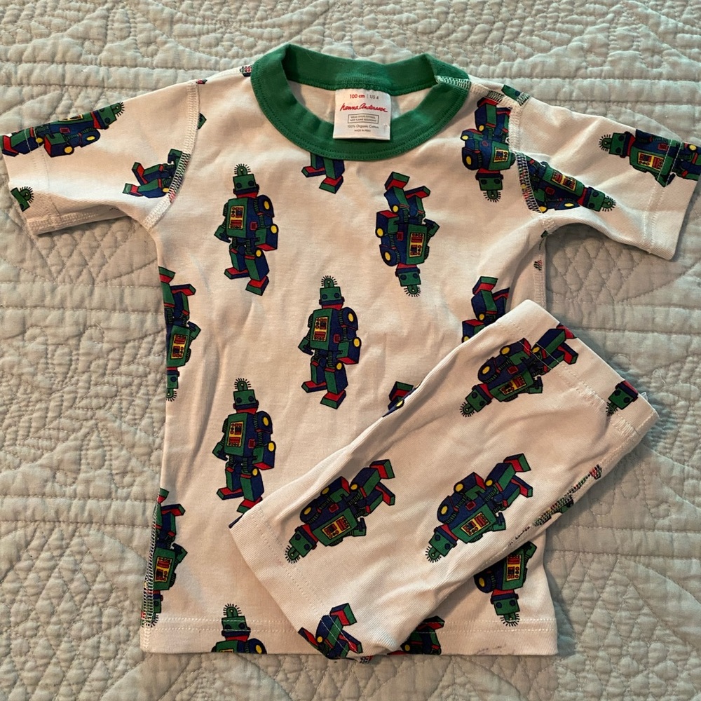 Hanna Andersson 100 cm 4/4T Robot PJs - short john pajama set EUC w/ flaw